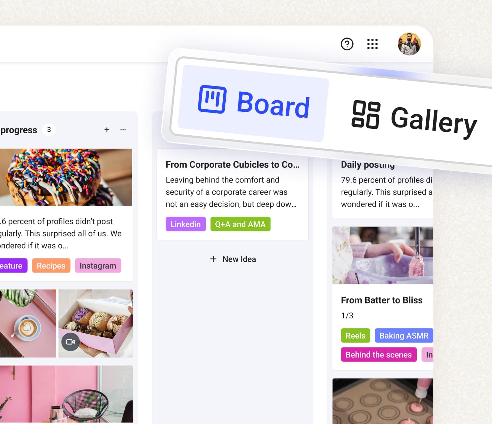 Buffer Create screen with board and gallery views to organize post ideas. The kanban board view has columns for posts in different stages of publishing.