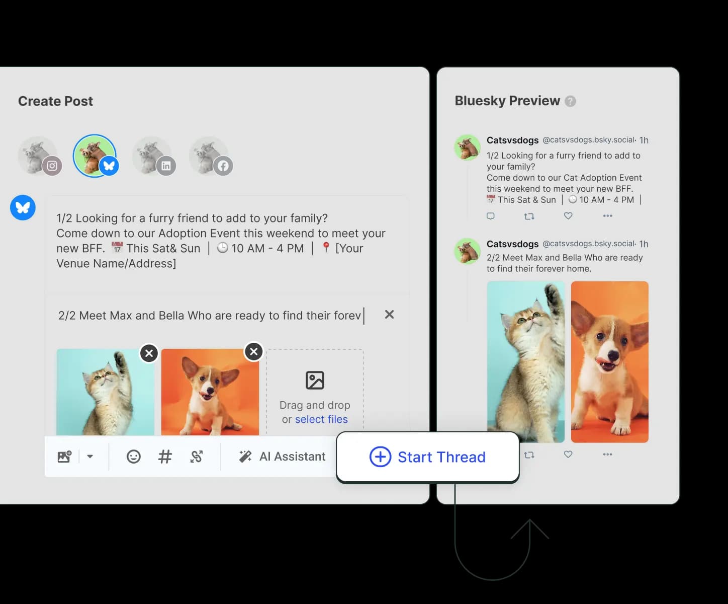 A create Bluesky thread screen with a text editor, image attachments, and a start thread option.