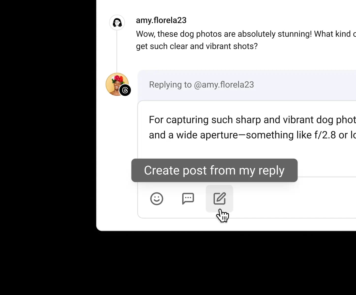 Buffer Community comment reply screen with create post from my reply option.