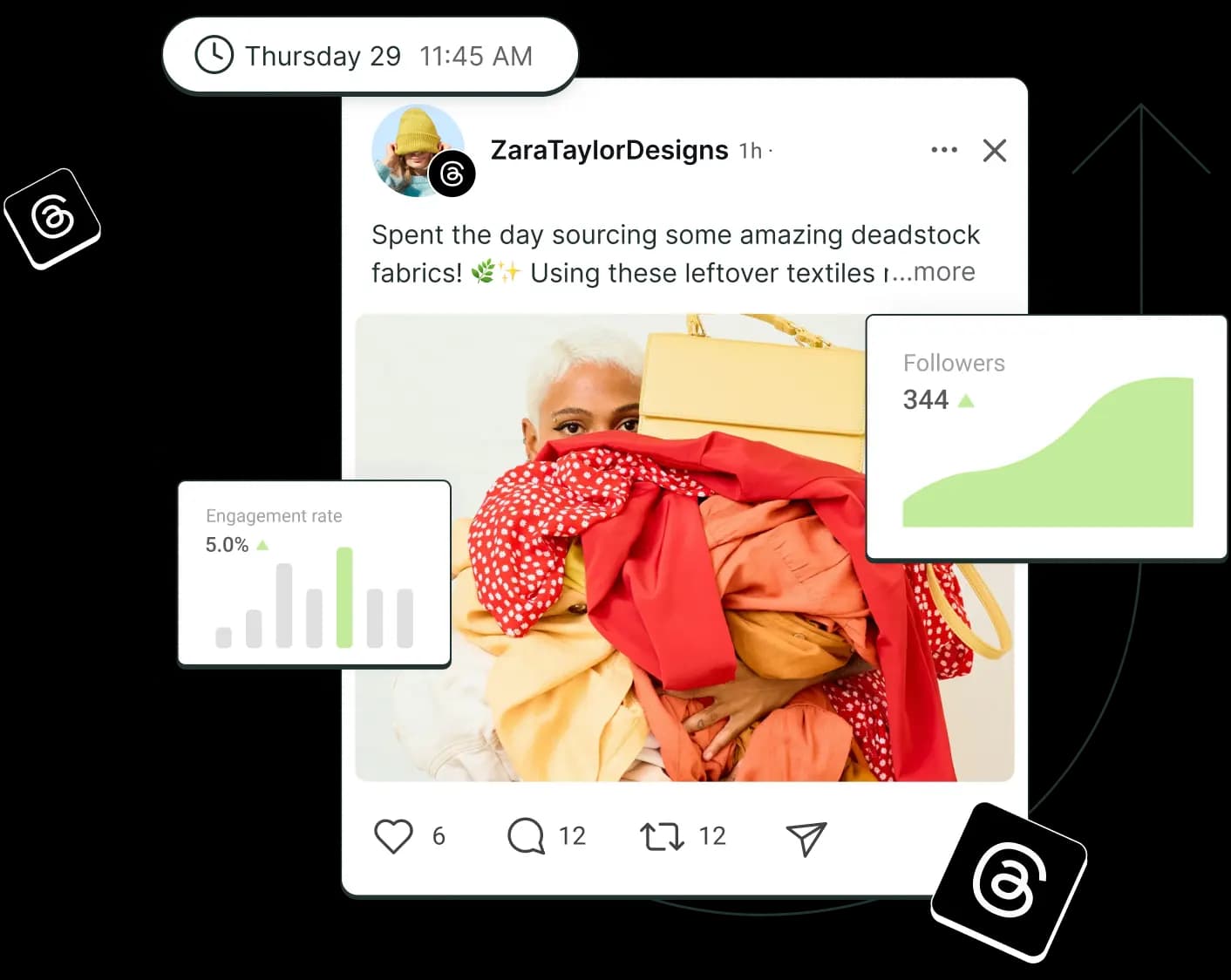 A post on Threads surrounded by floating graphs for followers and engagement rate.