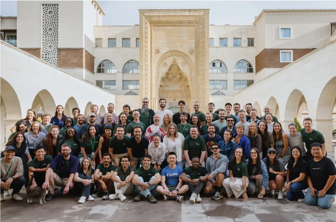 The full Buffer team gathered during the 2025 Turkey retreat in front of a hotel with traditional relief carved decoration.