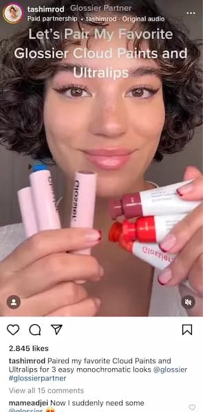 Instagram sponsored post featuring Glossier products.