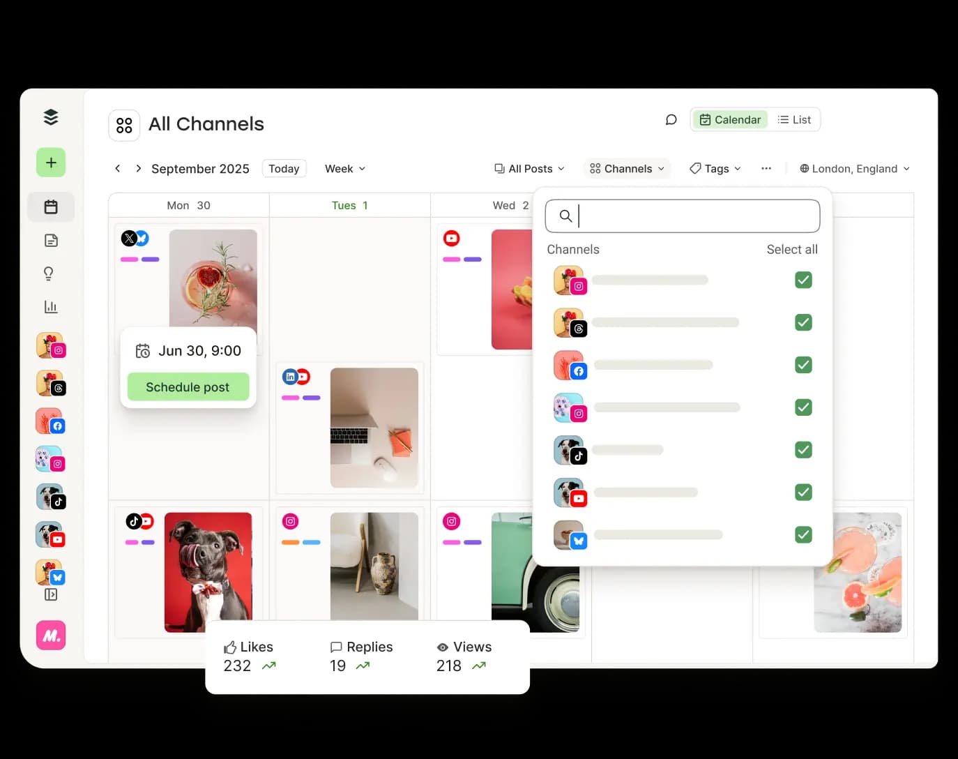 Buffer calendar view with upcoming posts and filters for channels, tags, and more.