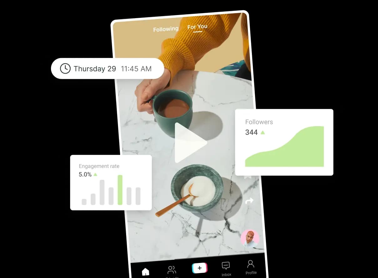 TikTok video post with Buffer analytics for engagement rate and follower growth.