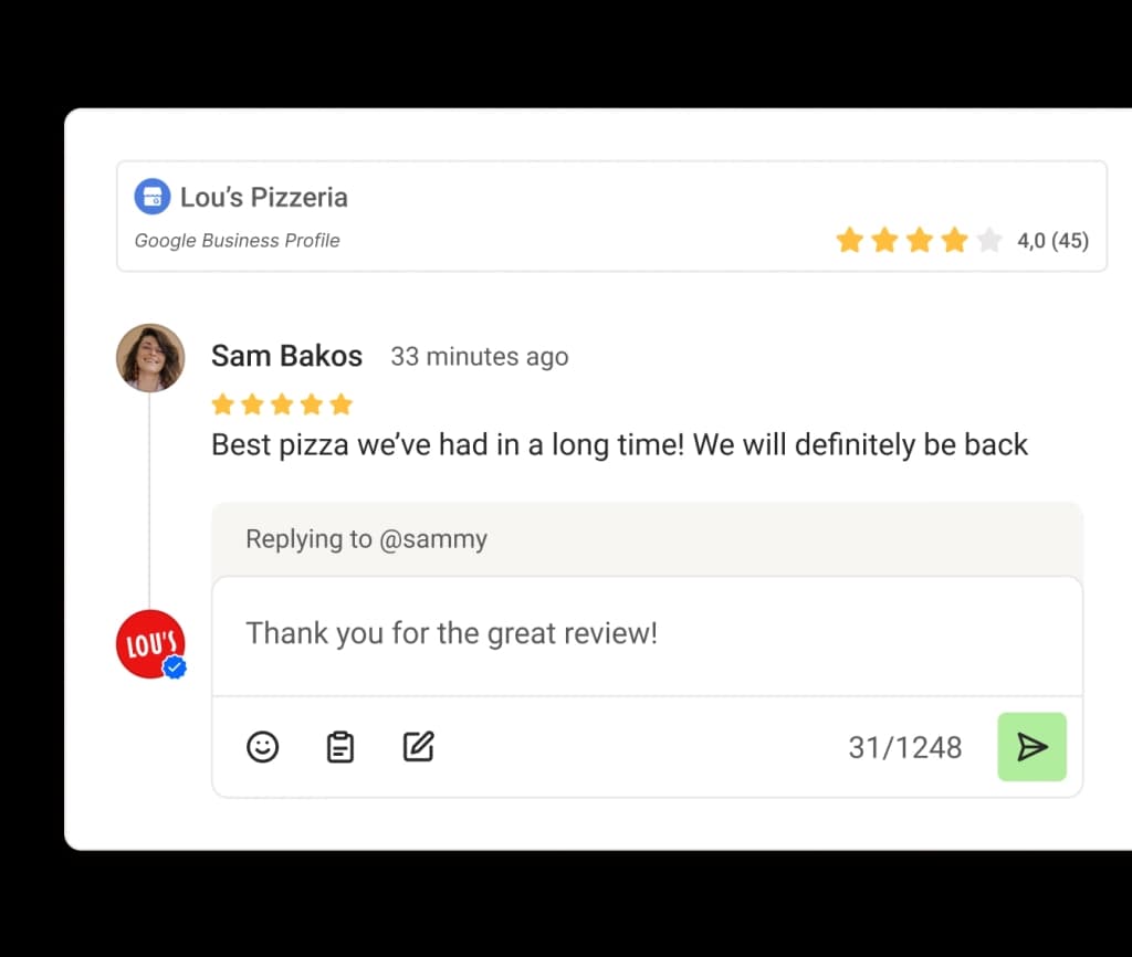 A comment thread from Google Business within Community, with AI suggestions and a text field for replying.