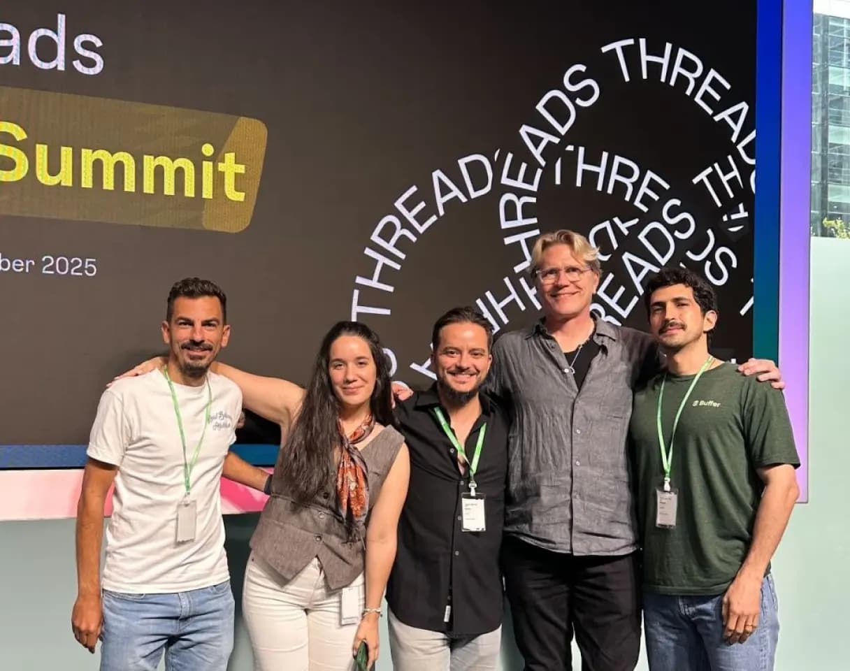 Buffer teammates Dinos, Mike, and Diego, with the Threads team at the Threads API summit.
