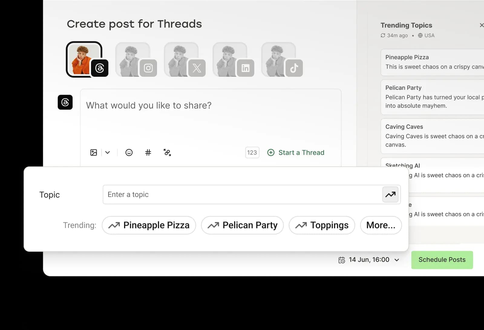 Buffer create post view with trending Threads topics.