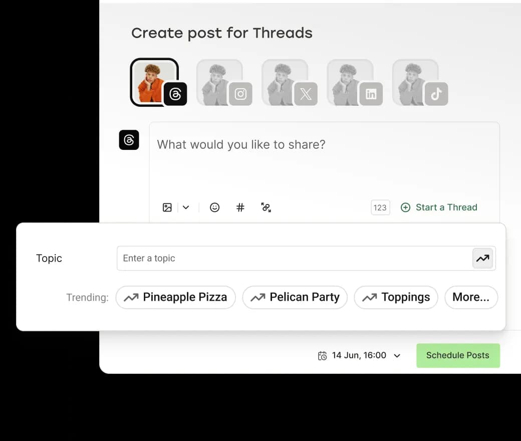 Buffer create post view with trending Threads topics.