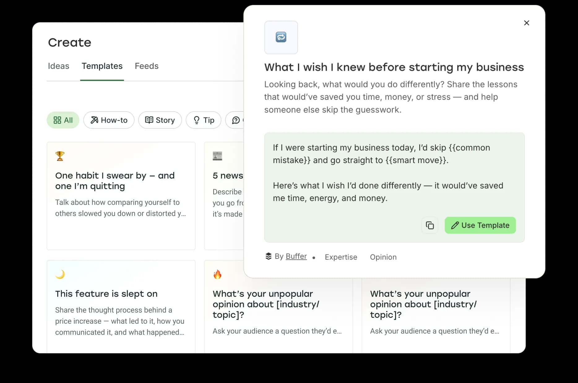Buffer create post view with Threads trending topics to inspire a new post.