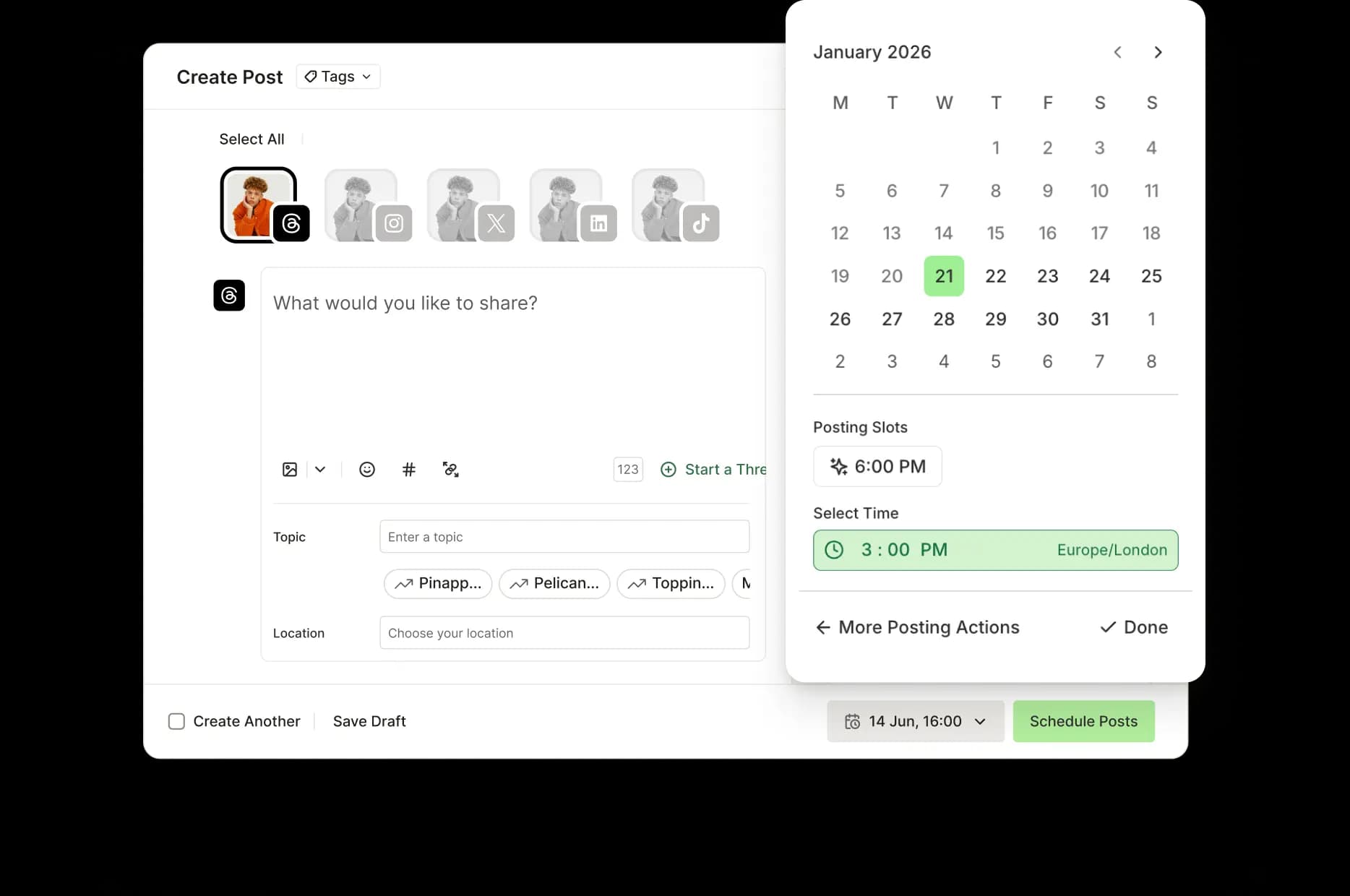 Buffer create post view with Threads scheduling options for time and posting slots.