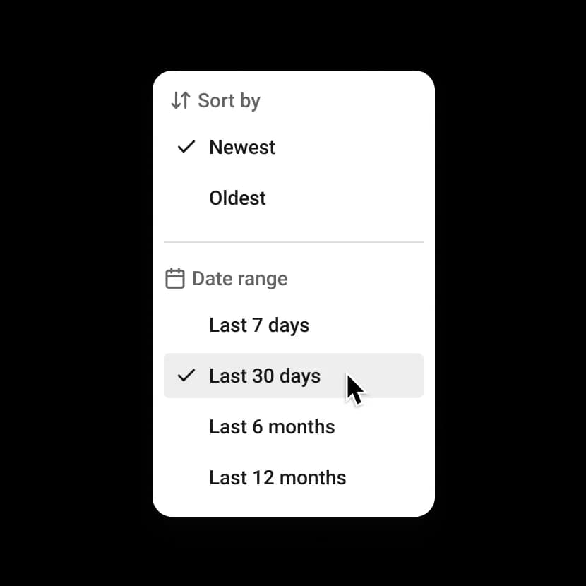 Buffer Community comments filter and sorting menu with options for newest and oldest sorting and date range filters.