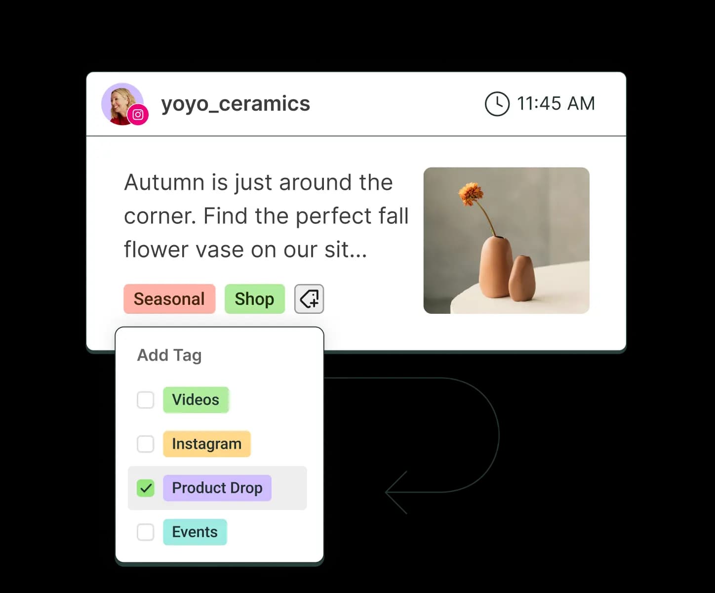 Buffer tag management view with an add tag drop down featuring custom tags and colors.