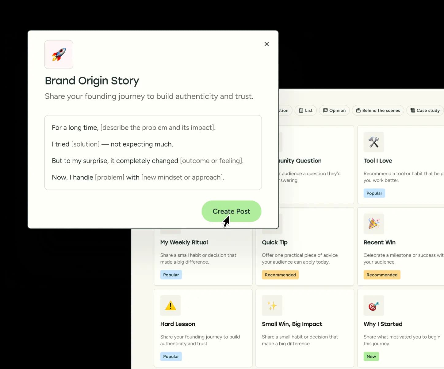 Buffer social media templates with tip, story, case study, question, opinion, how-to, list, behind the scenes, and other categories. Each template provide starter content with placeholders for your ideas.