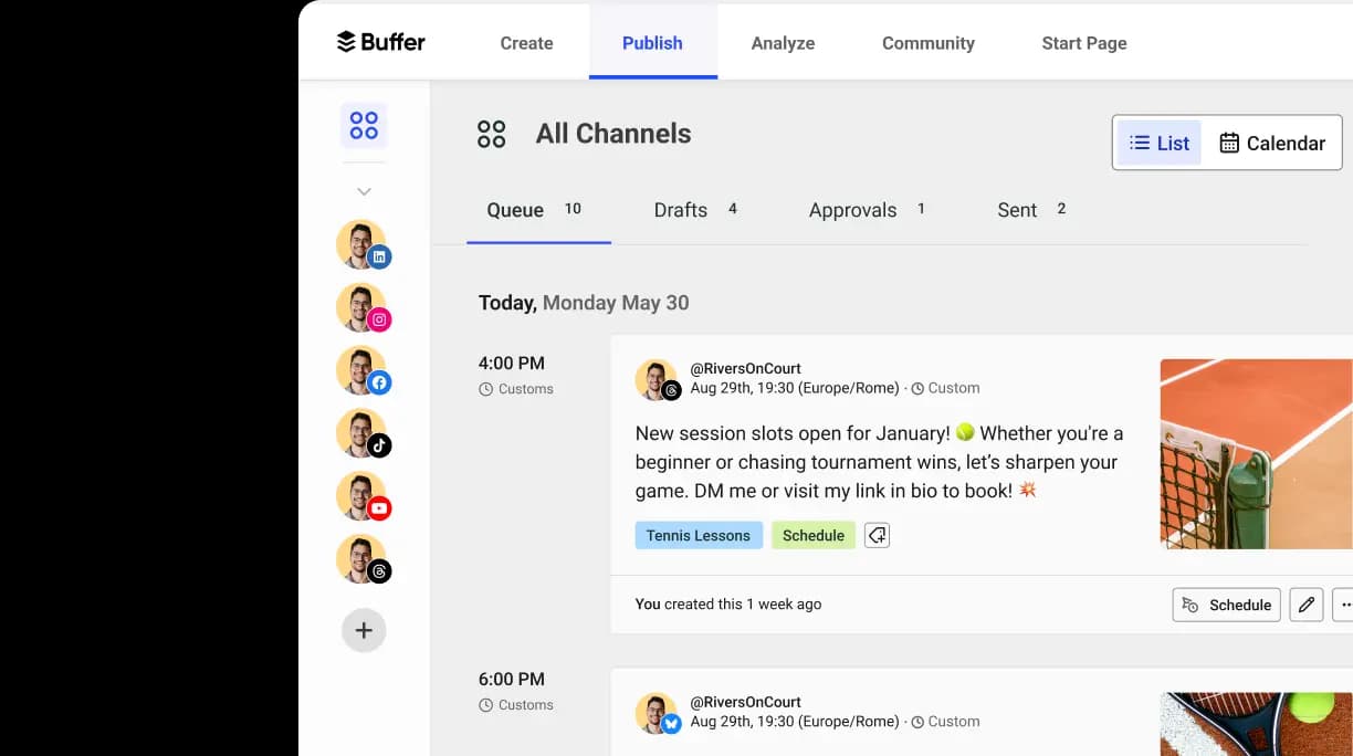 Buffer Publish space with a queue for multiple social media accounts, a calendar view, and scheduling options.