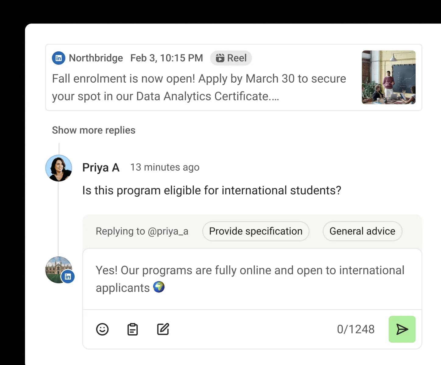 Buffer Community view with recent comments, suggested replies, and comment score metrics.