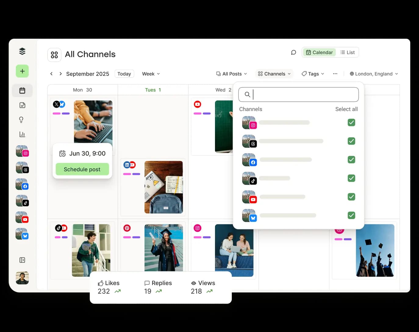 Buffer calendar view with upcoming posts and filters for channels, tags, and more.