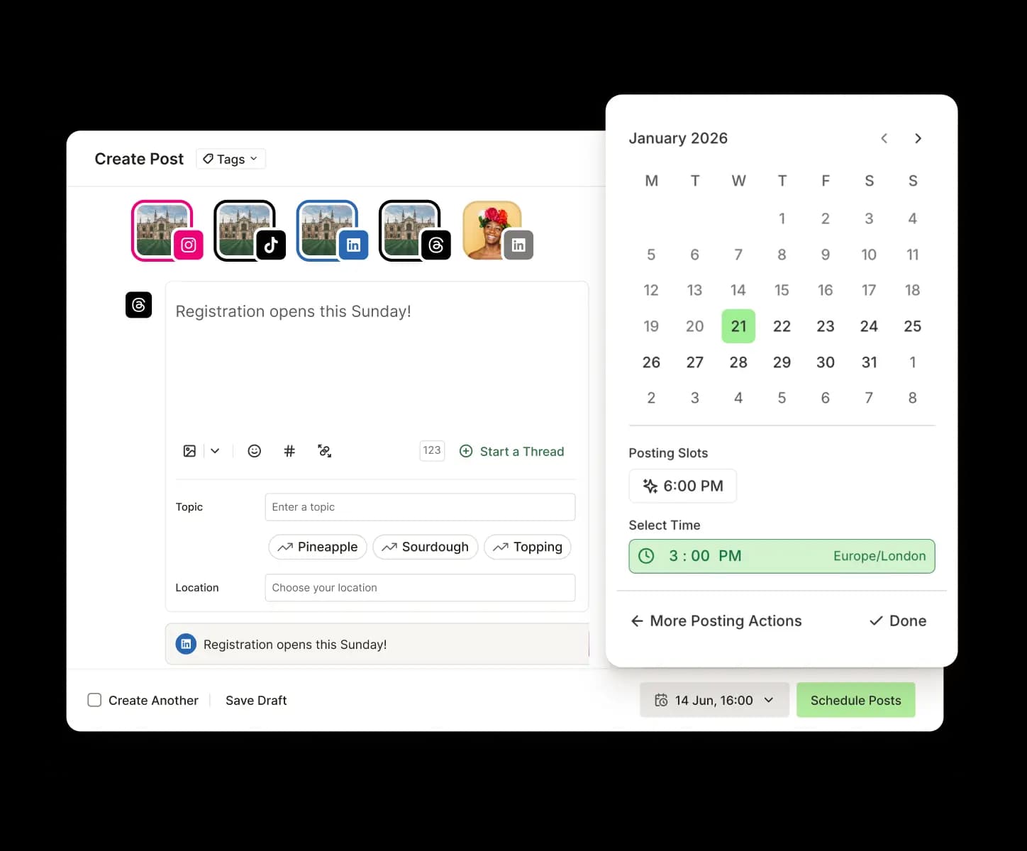 Buffer Publish view with scheduling for posting at a future date and time.