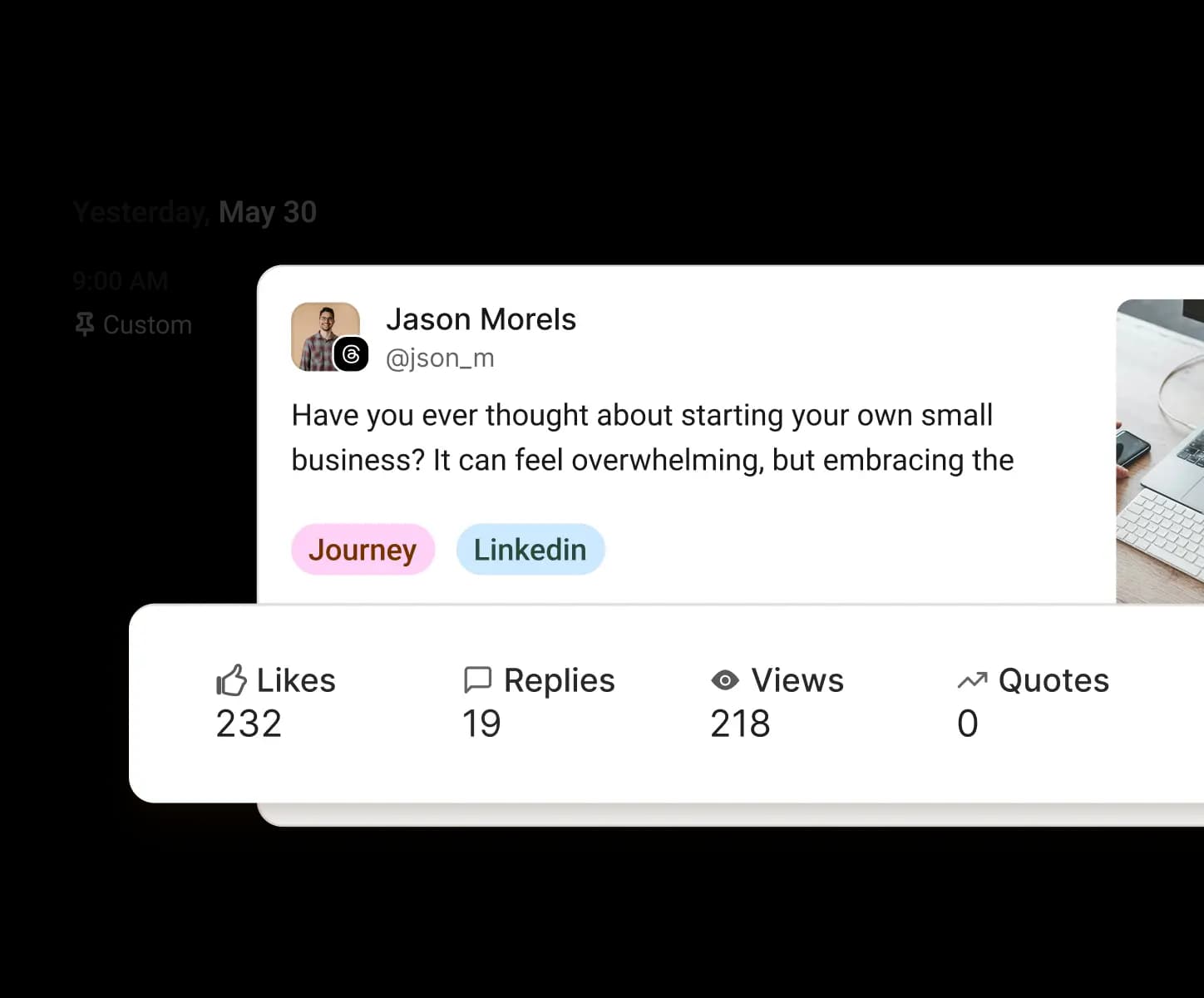 Buffer Analyze view with likes, replies, views, quotes, and more for each post.