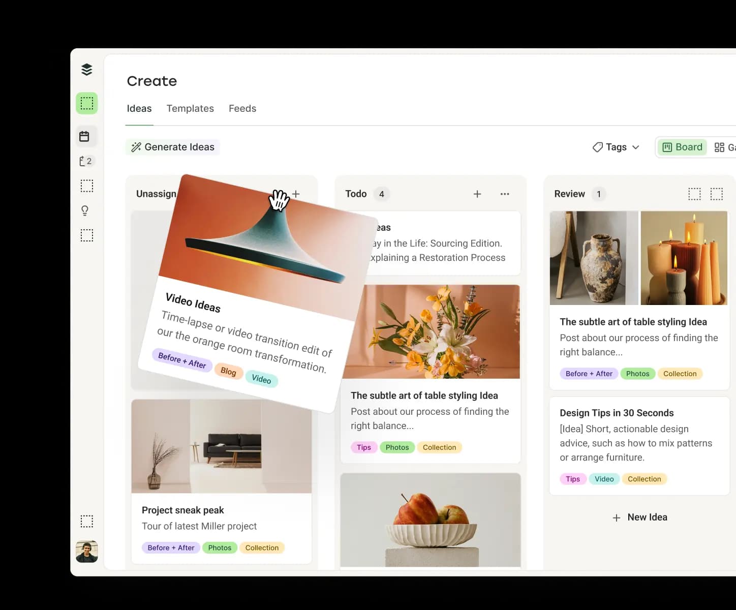 Buffer Create view with columns for ideas, drafts, and published posts.