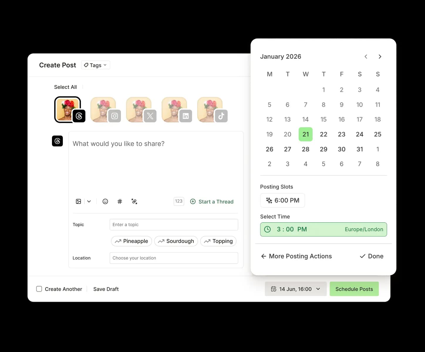 Buffer Publish view with scheduling for posting at a future date and time.