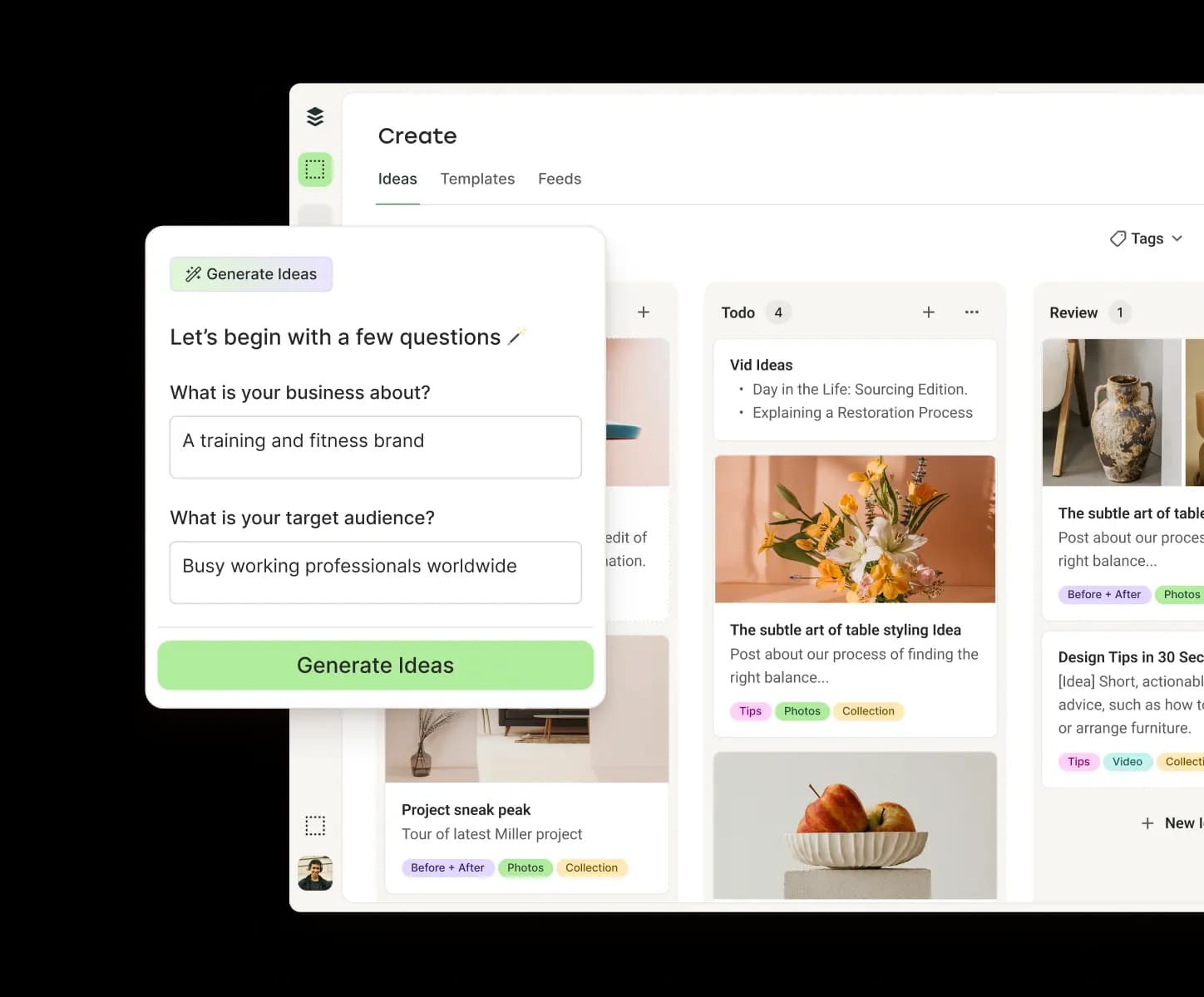 Buffer Create view with columns for ideas, drafts, and published posts, along with an AI assistant to generate ideas.