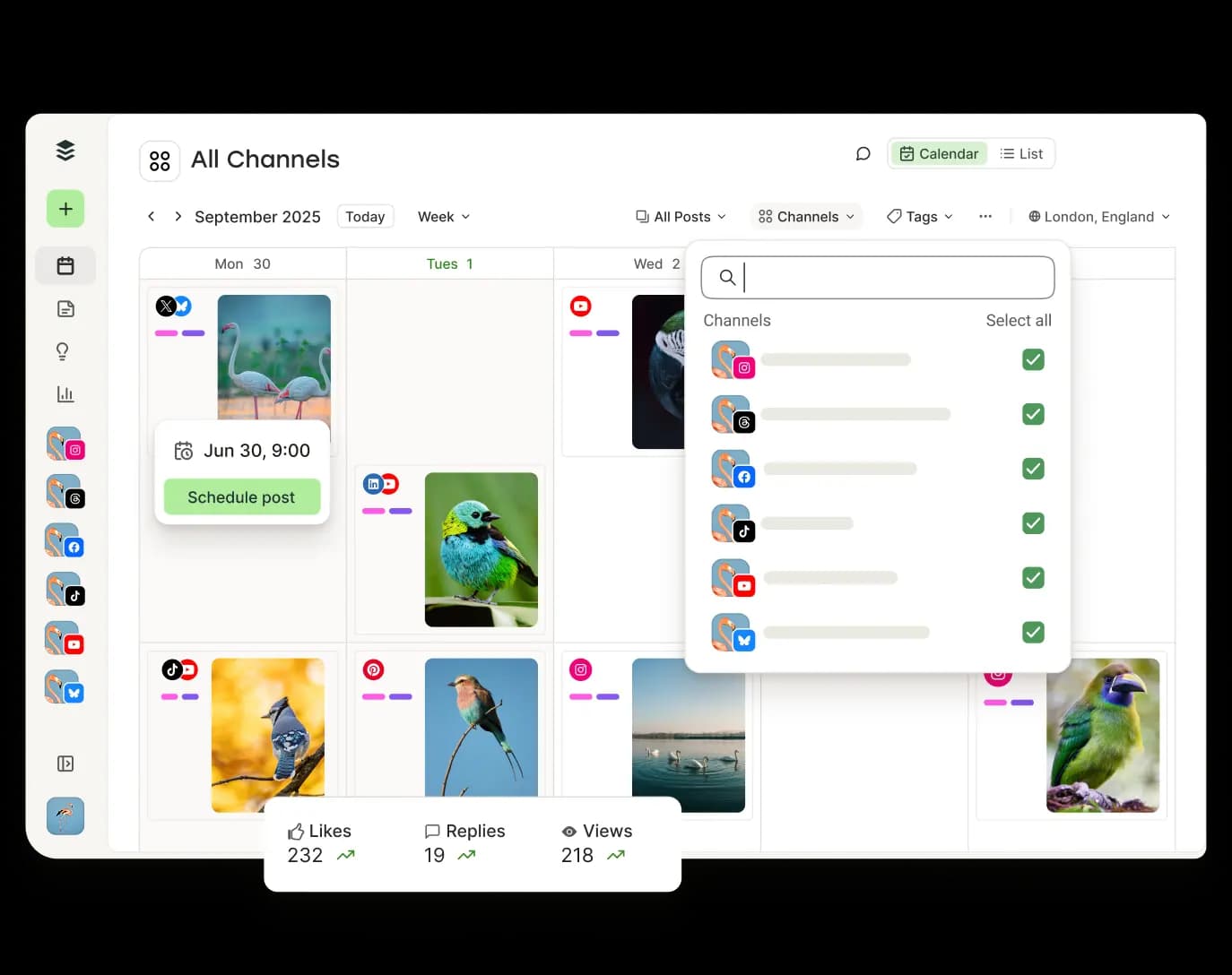 Buffer calendar view with upcoming posts and filters for channels, tags, and more.