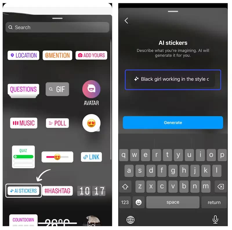 AI Stickers option with text prompt input screen.