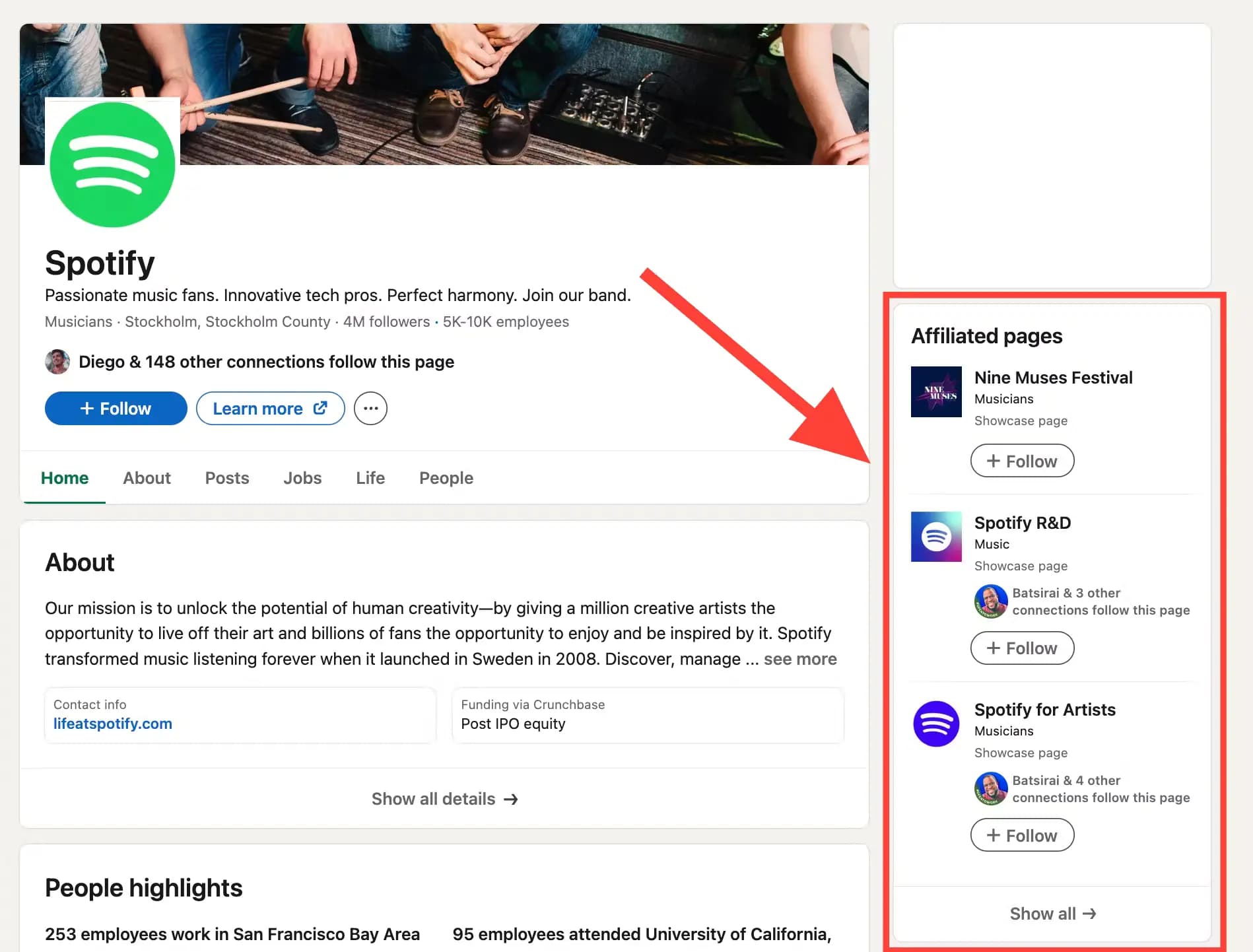 Spotify’s LinkedIn Showcase Pages.