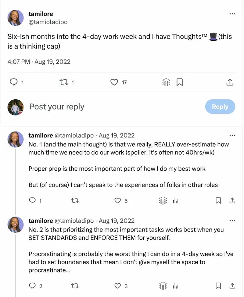 Twitter thread with Tami’s thoughts on the 4-day workweek.