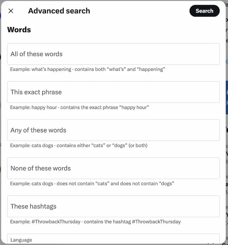 X/Twitter Advanced Search with options for exact phrase, any of these words, none of these words, these hashtags, and more.