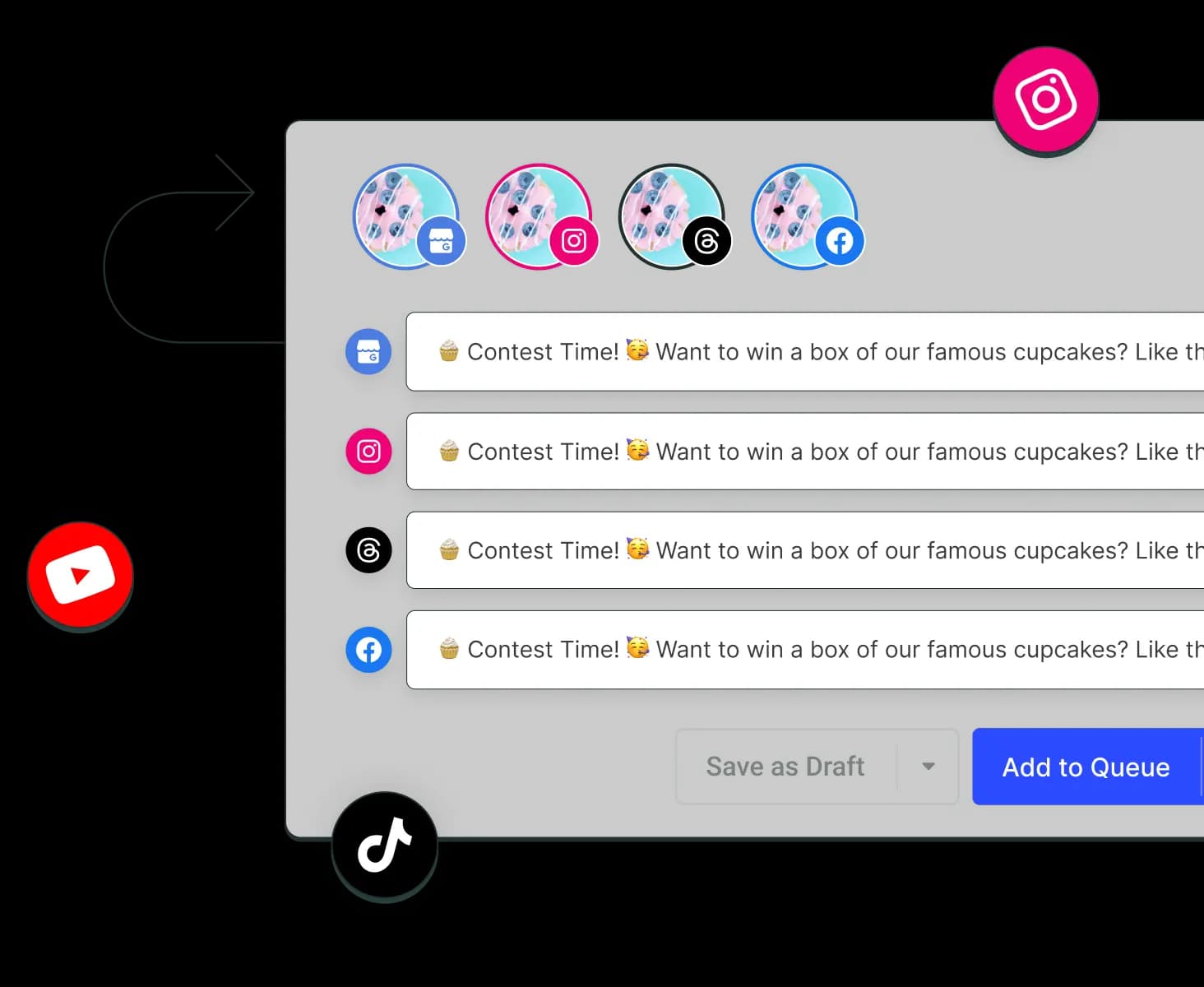 Buffer crosspost view with several social media channels and dedicated text editors per channel.