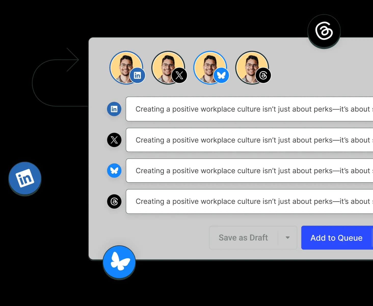 A create LinkedIn post screen with options to crosspost to other social media channels by adding them to a posting queue.