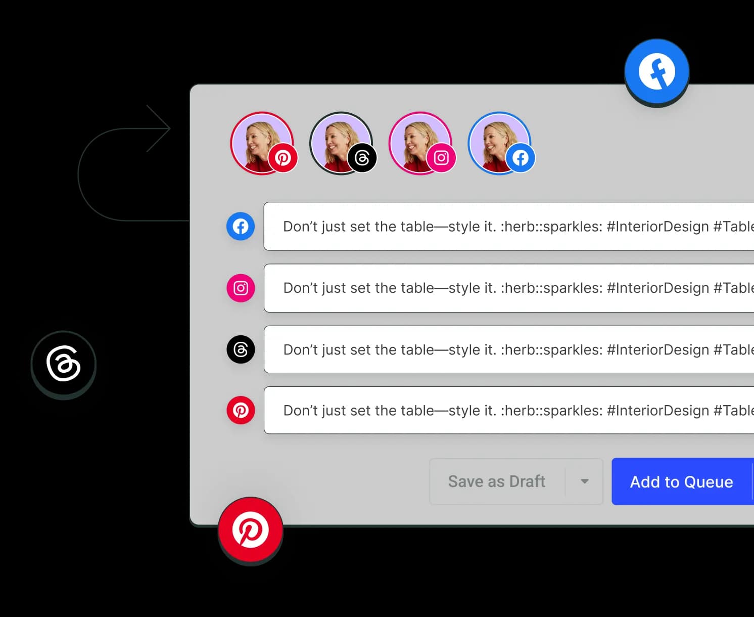 The Buffer Crosspost view with dedicated text editors for multiple social media channels, including Pinterest.