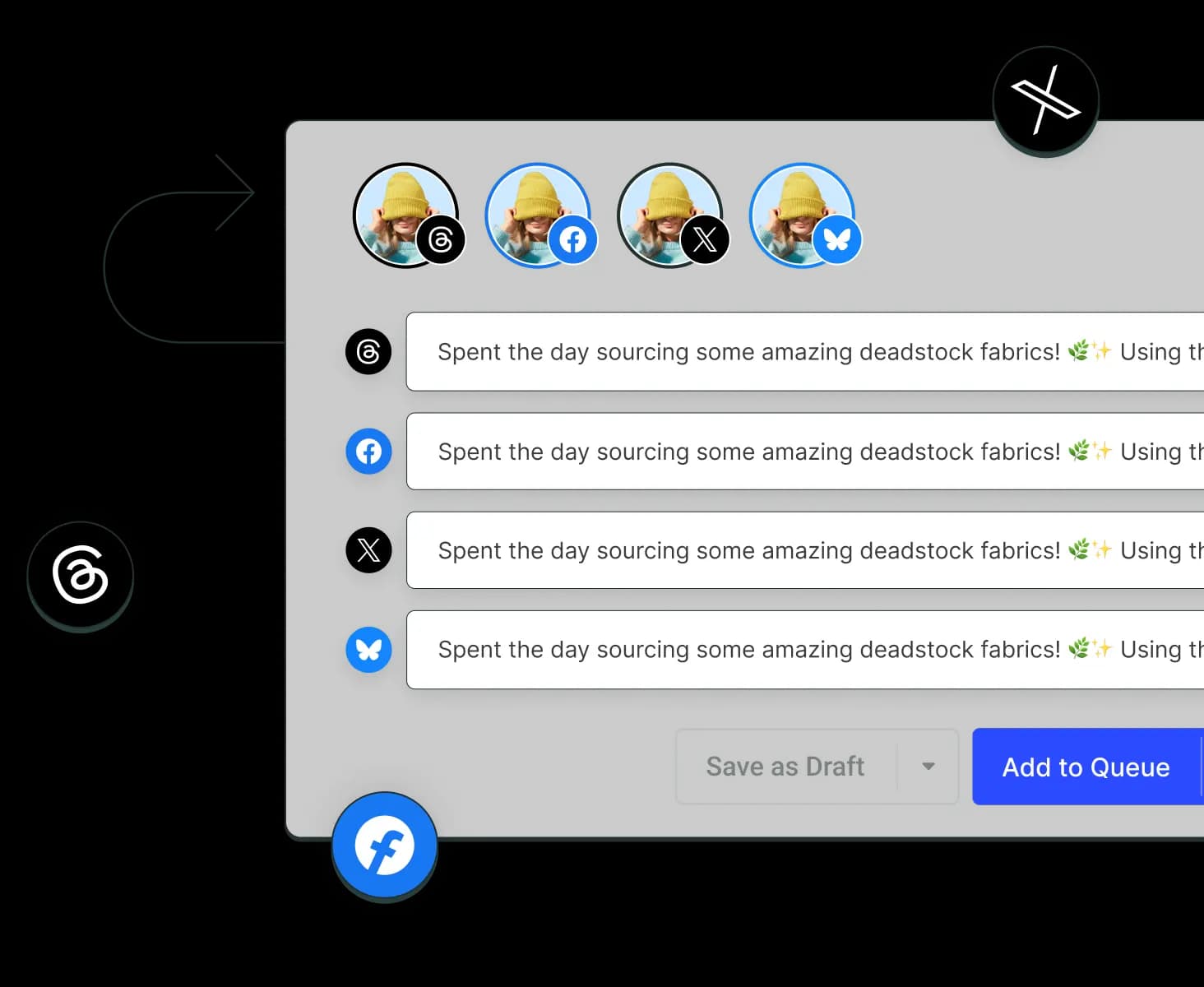 Buffer crosspost view with several social media channels and dedicated text editors per channel.