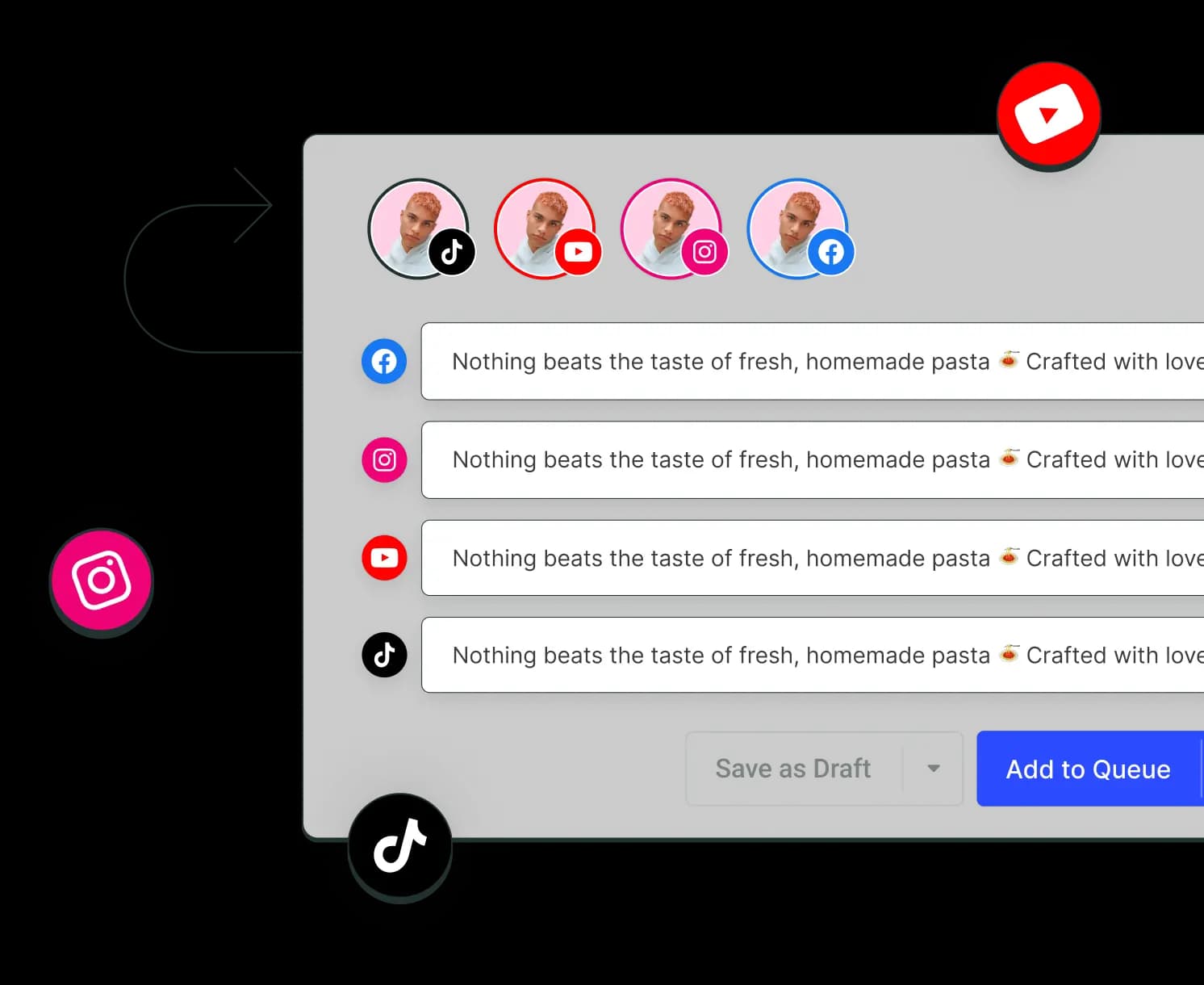 The Buffer Crosspost view with dedicated text editors for multiple social media channels, including X.