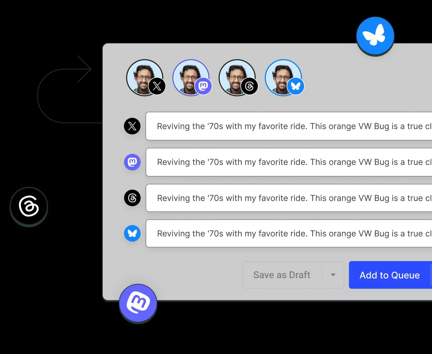 The Buffer Crosspost view with dedicated text editors for multiple social media channels, including X.