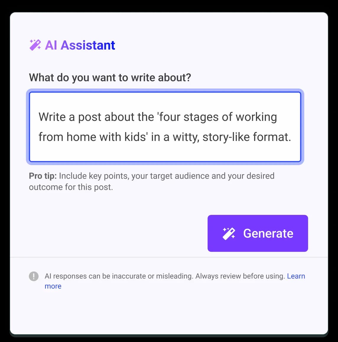 Buffer AI Assistant social media post generator with a text composer and tips for prompts.