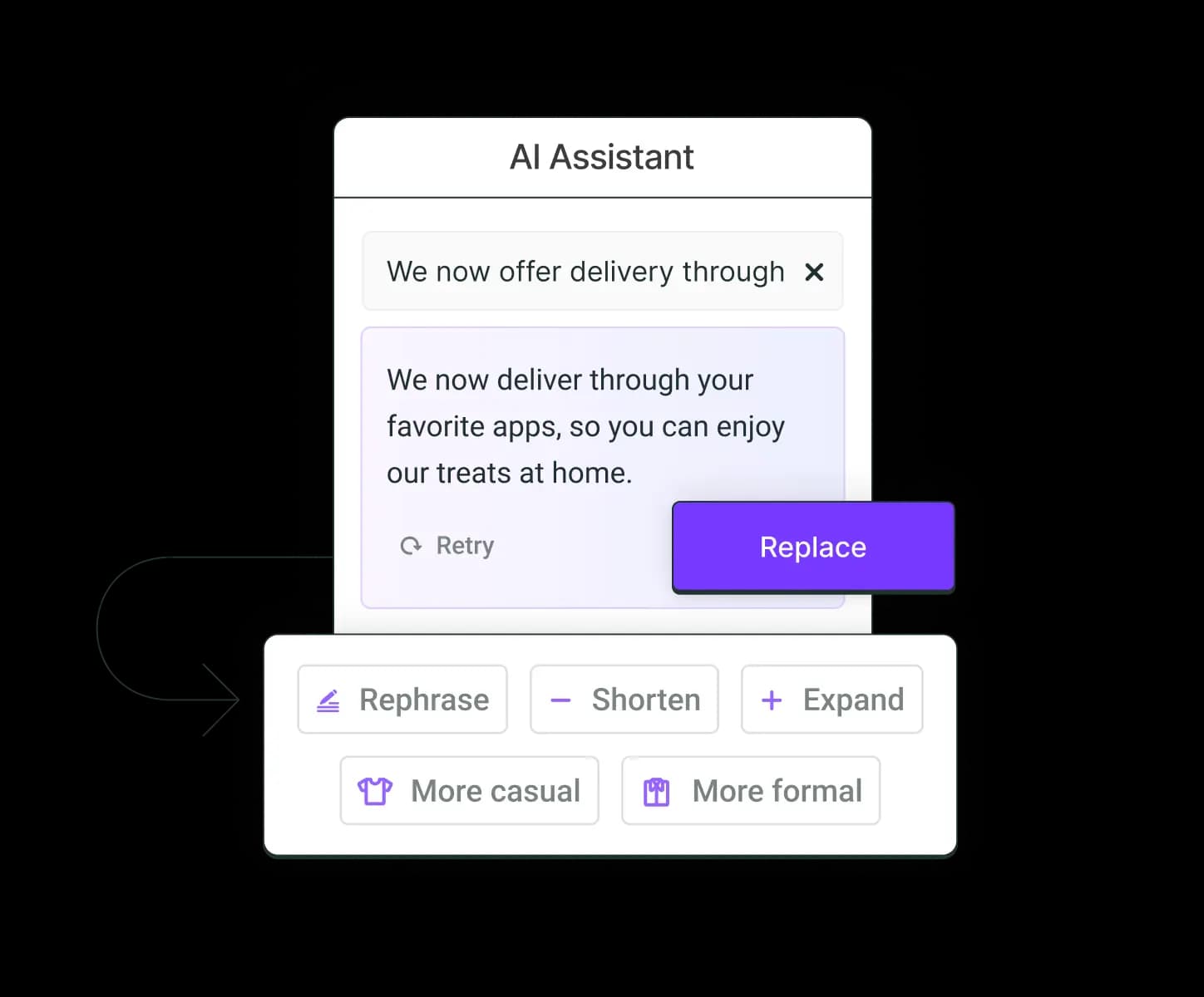 Buffer AI Assistant with text generation and options to rephrase, shorten, expand, and make content more casual or formal.