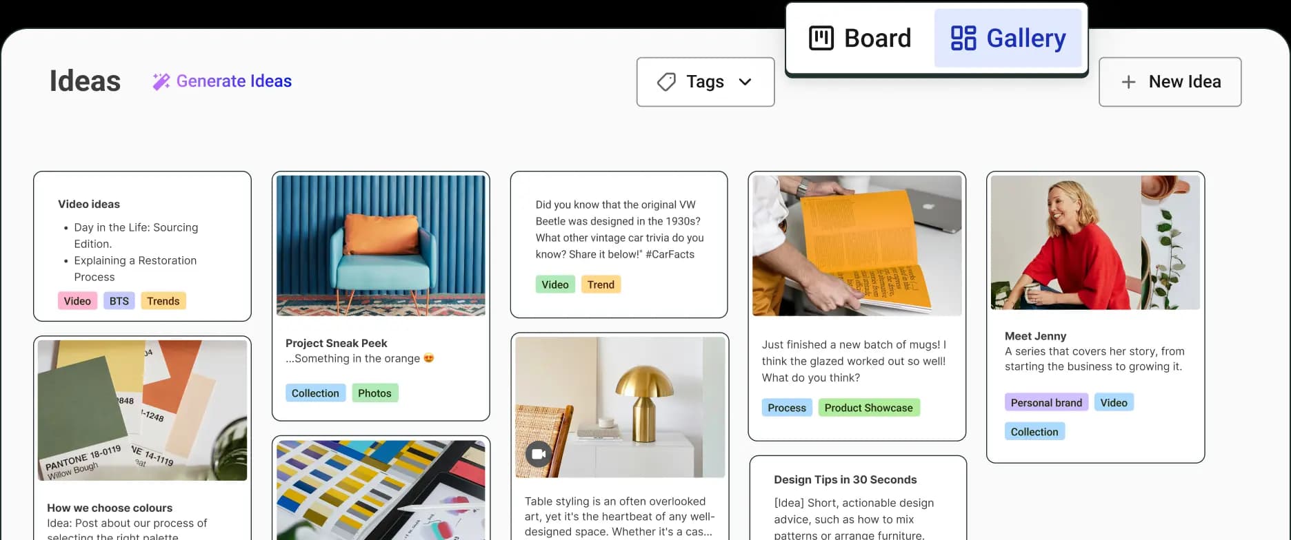 Buffer Create space with a gallery view of content ideas and a kanban-style board.