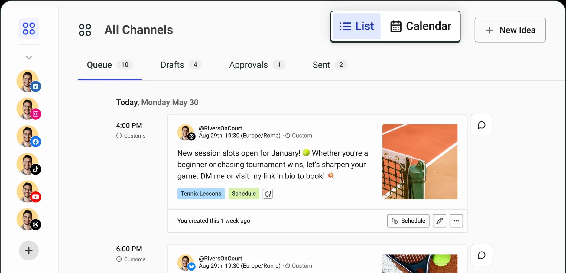 Buffer Publish view with List and Calendar options to view scheduled posts.