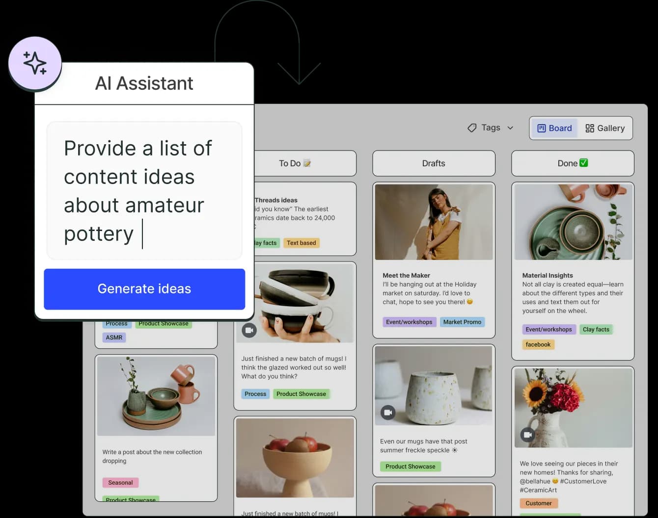 Buffer Create board with columns to organize ideas and an AI Assistant to generate ideas.