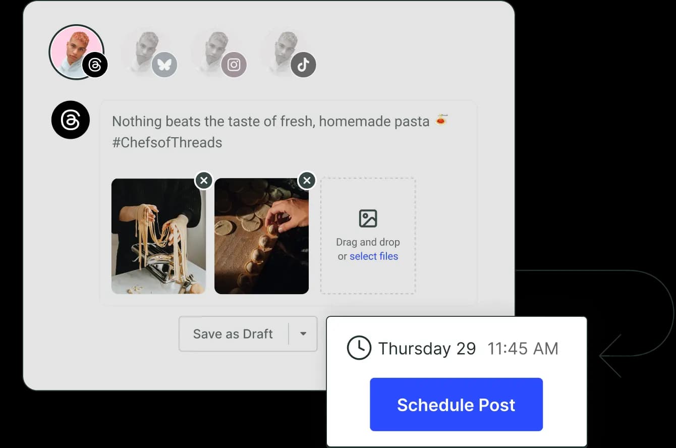 Buffer Publish screen with a post composer, scheduling options, and multiple channels.