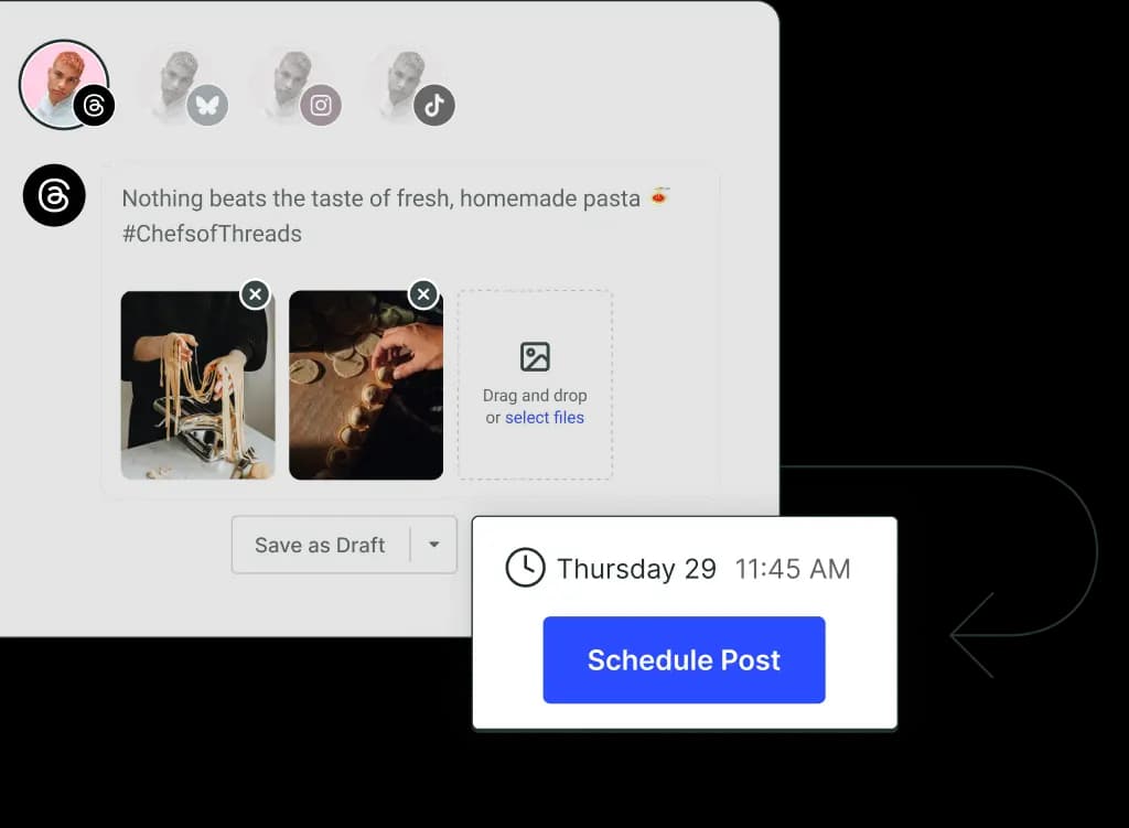 Buffer Publish screen with a post composer, scheduling options, and multiple channels.