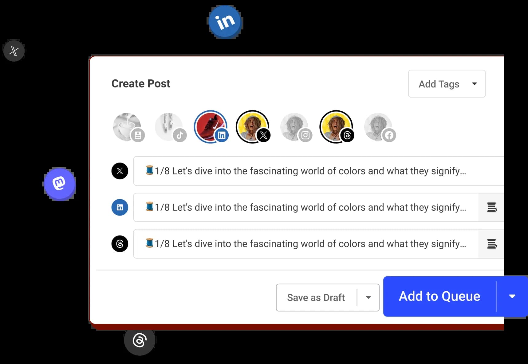 A create LinkedIn post screen with options to crosspost to other social media channels by adding them to a posting queue.