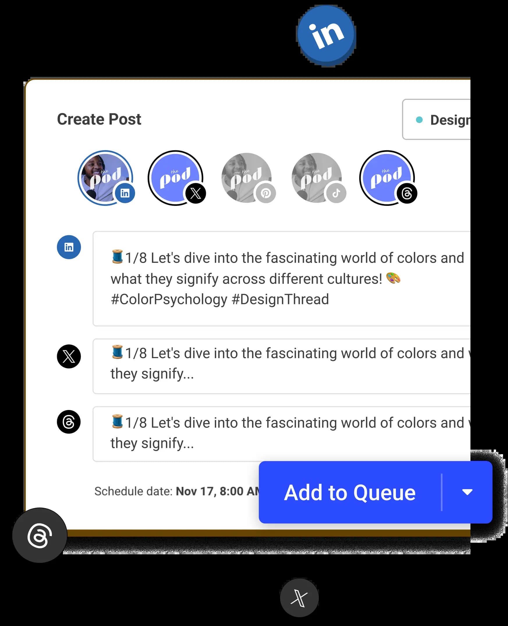A create LinkedIn post screen with options to crosspost to other social media channels by adding them to a posting queue.