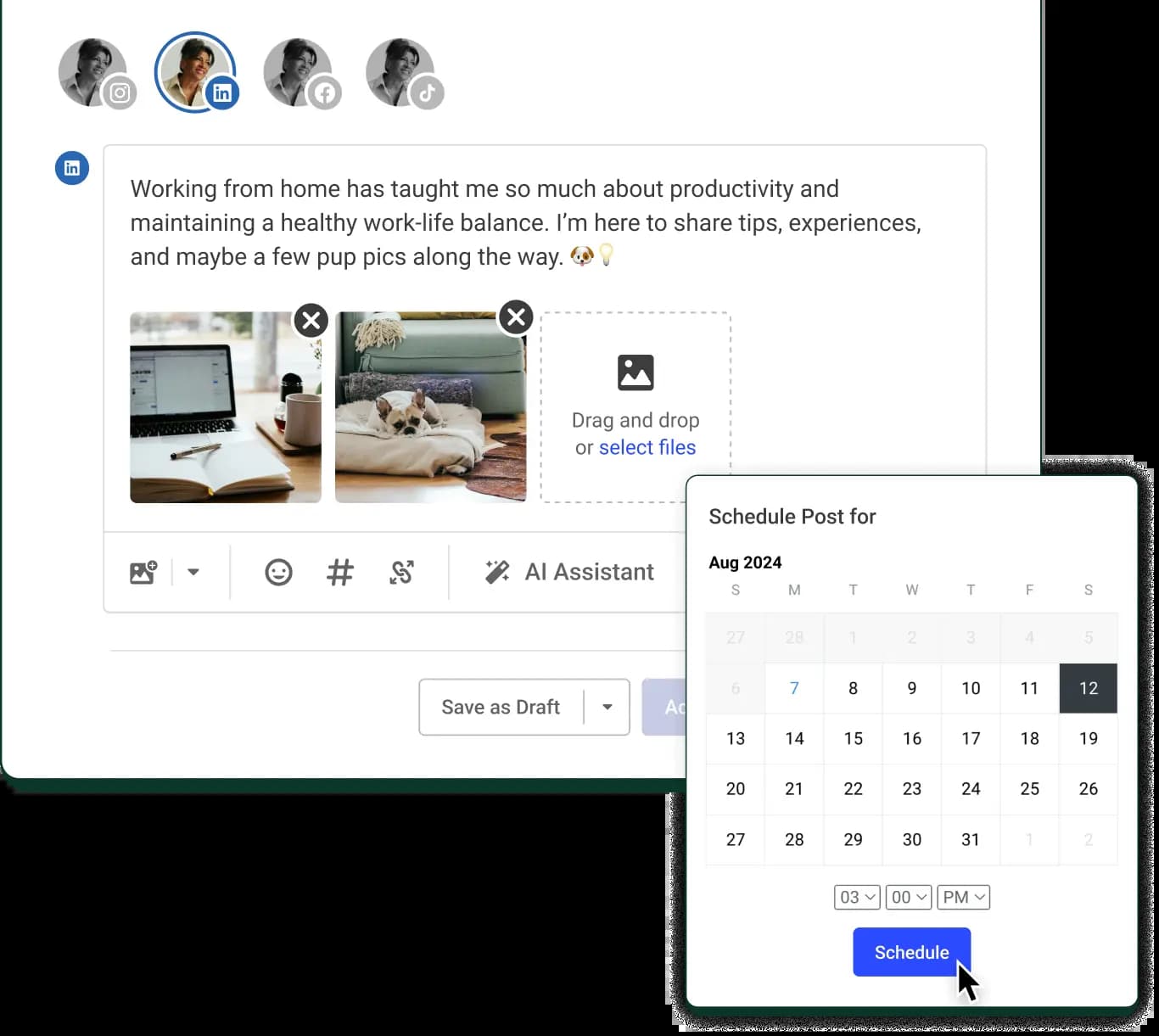 A LinkedIn post create screen with text input, image attachments, and a date picker to schedule posts.