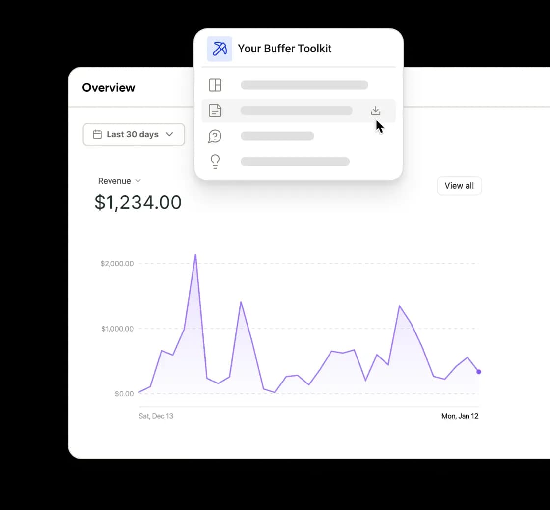 Buffer partner program earnings overview with revenue charts for the last 30 days and your Buffer toolkit.