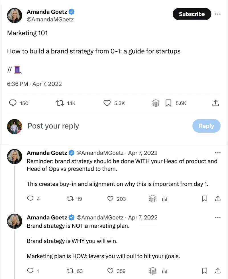 Twitter thread on How to build a brand strategy from 0 to 1: a guide for startups.