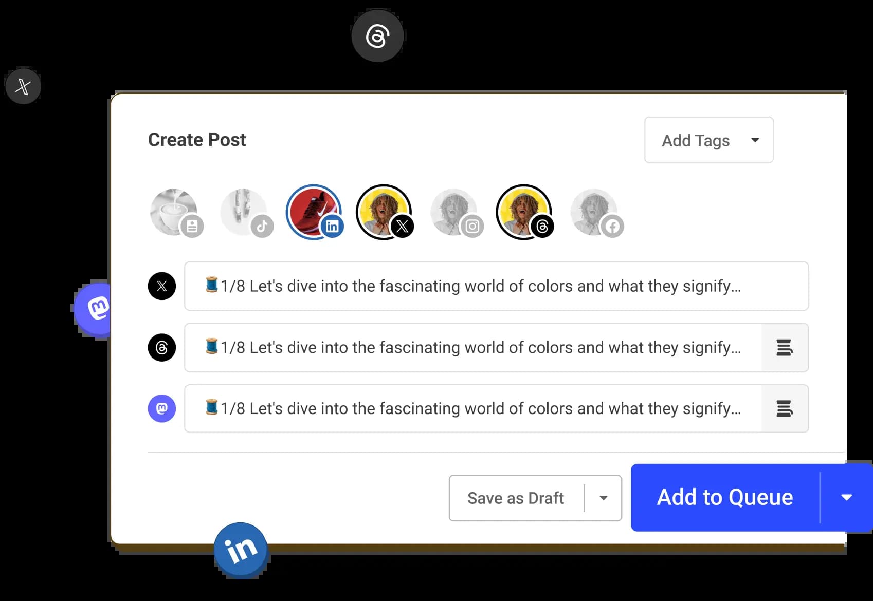A create Threads post screen with options to crosspost to other social media channels by adding them to a posting queue.