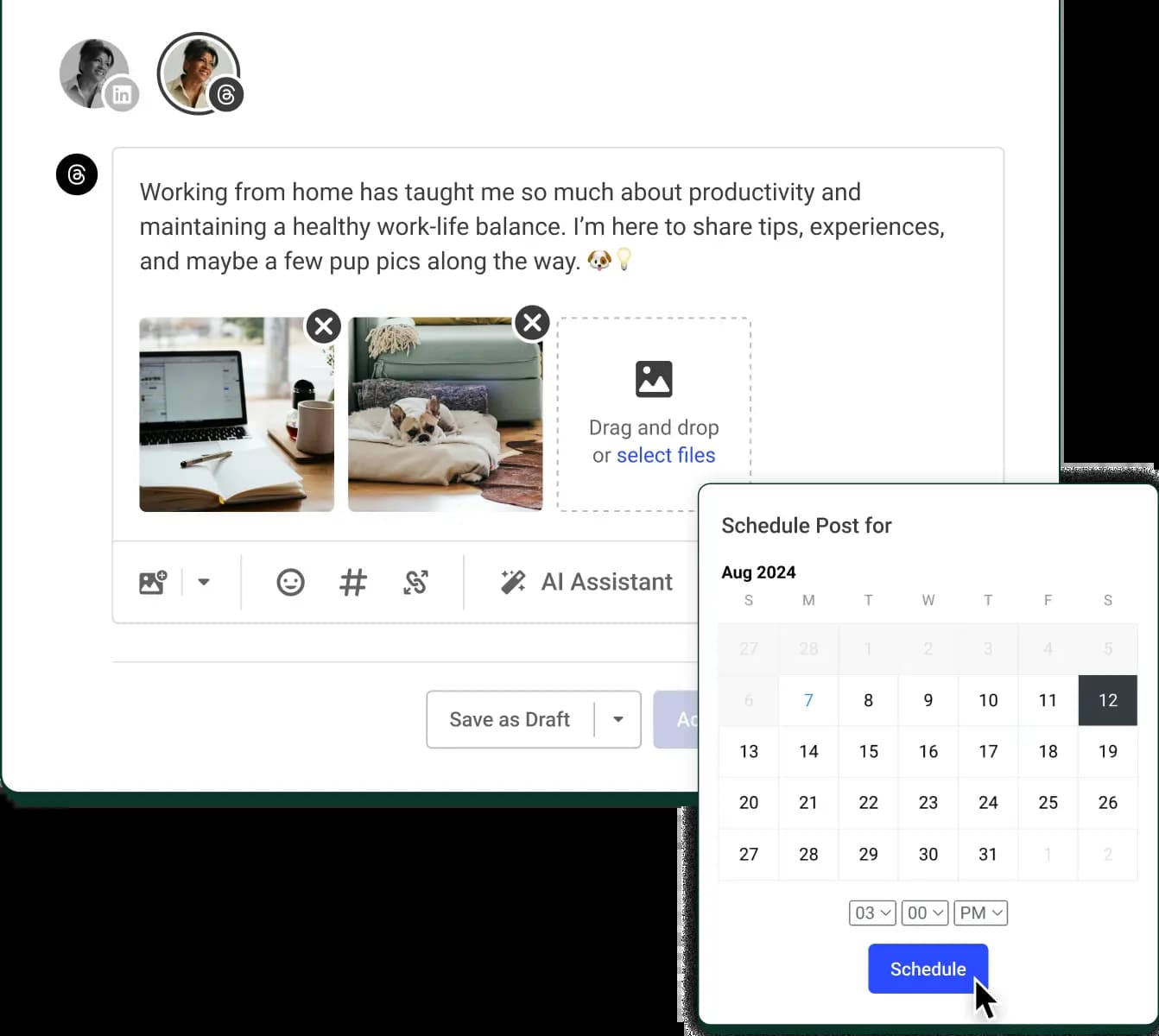 A Threads post create screen with text input, image attachments, and a date picker to schedule posts.
